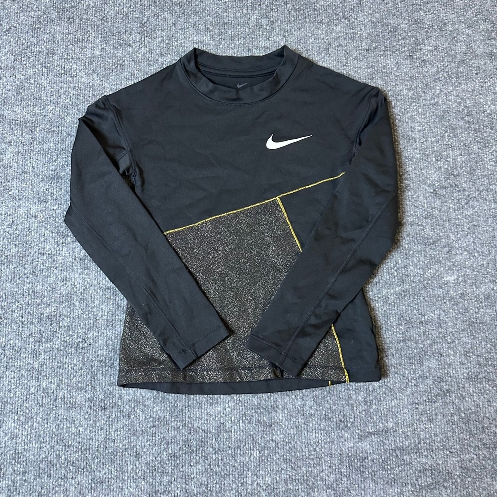 Nike Athletic Top Womens Size XS Black Gold Dri-Fit Pro Long Sleeve Shimmer Slim